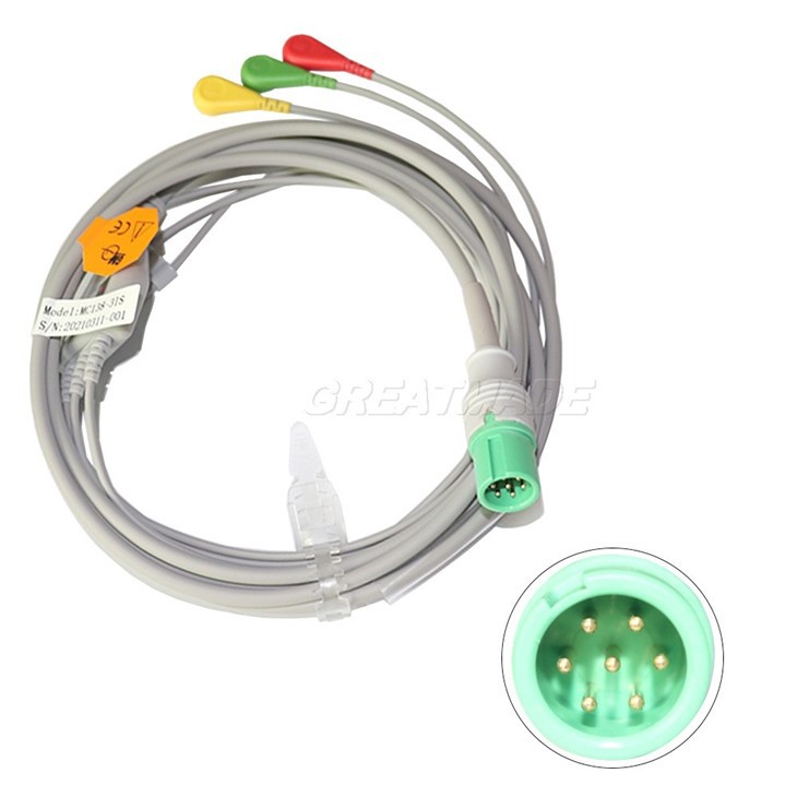 ECG Cable 7Pin 3-lead Wire Gilding Snap For CONTEC Patient Monitor CMS8000
