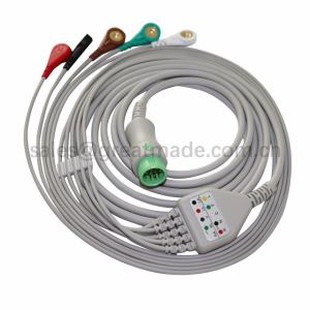 סט חוטי כבלים מסוג Mindray T5 T6 EKG תואם, 5-Lead, Snap, AHA, 12ft, Round 12PIN.