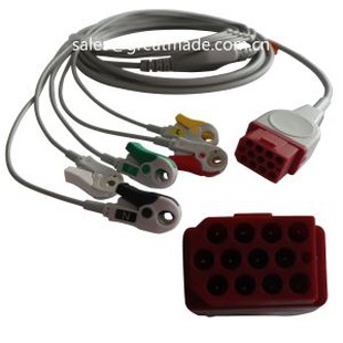 תואם ביונט BM3 BM5 כבל אק"ג מקשה אחת עם חוטי חשמל, AHA, 5-עופרת, הצמד, אדום 12pin